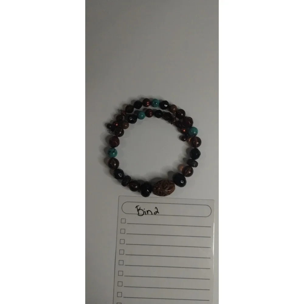 Boho Multi Strand Memory Wire Wrap‎ Bracelet Brown Turquoise Black Carved Rose